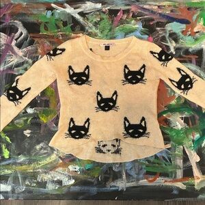 Cat Print Sweater in Beige and Black